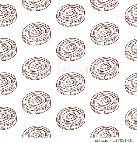 Cinnamon Roll seamless pattern in lone art style. Bakery wrapping paper with cinnamon bun wrapping, fabric, textile, surface, web and print design. Vector illustration on a white background. 117851430