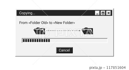 Retro loading window in black color with old folders. Copying window in old style. 117851604