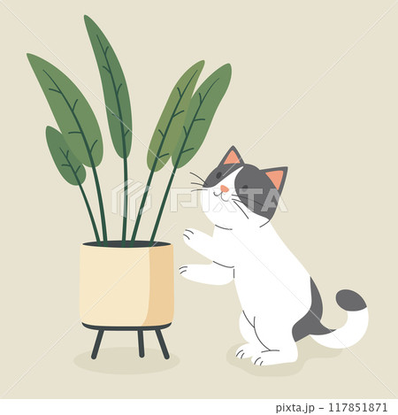 Cute Cartoon Flat Vector Cat Reaching for a Potted Plant. Vector Illustration for Cat Lovers. Pet Kitten Home Life Design Template 117851871