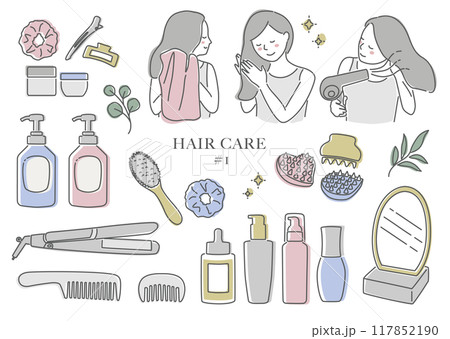 ヘアケアをする女性のイラスト（線画） 117852190