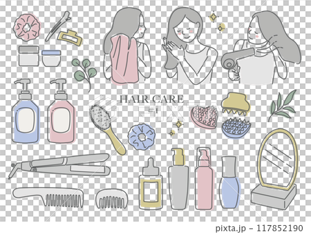 ヘアケアをする女性のイラスト（線画） 117852190