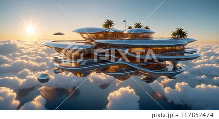 Antigravity futuristic modern house with palm trees, floating above the Clouds during sunset, using anti-gravity technology. Concept architecture of the future.	 117852474