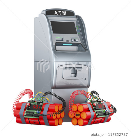 Bank robbery, concept. ATM machine with TNT bomb explosive, 3D rendering 117852787