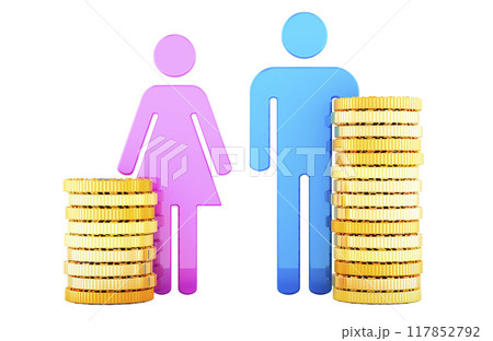 Gender pay gap, concept. Man and woman silhouettes with different stacks of coins. 3D rendering 117852792