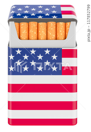 Pack of Cigarettes with the USA Flag. 3D rendering Pack of Cigarettes with the USA Flag. 3D rendering 117852799