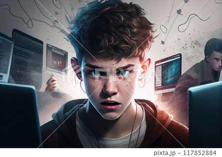 Impact of Cyberbullying on Young Lives, Boy Portrait, generative AI 117852884