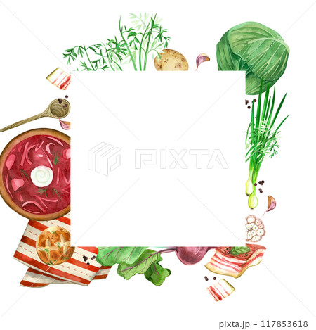 Square frame, national cuisine. Borscht with lard, garlic and pampushka, wooden spoon, cabbage, potatoes, beets, carrots. All objects are hand-drawn with watercolors. For menus, recipe design. 117853618