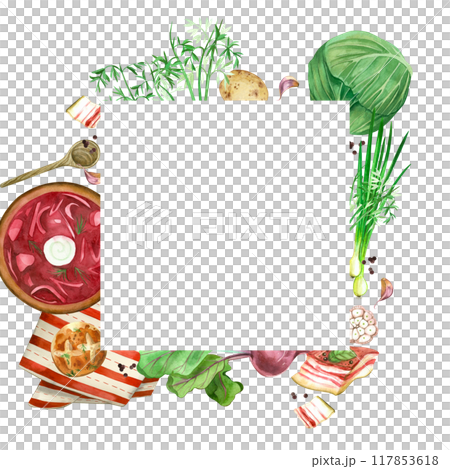 Square frame, national cuisine. Borscht with lard, garlic and pampushka, wooden spoon, cabbage, potatoes, beets, carrots. All objects are hand-drawn with watercolors. For menus, recipe design. 117853618