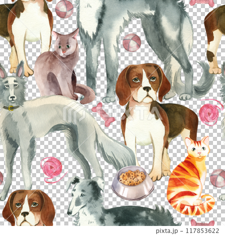 Seamless watercolor pattern. Pets, dogs, cats of different breeds, red and gray, balls, a ball of thread, bones for dogs. All objects are hand-drawn with watercolors. For printing on fabric, product. Seamless watercolor pattern. Pets, dogs, cats of different breeds, red and gray, balls, a ball of thread, bones for dogs. All objects are hand-drawn with watercolors. For printing on fabric, product. 117853622
