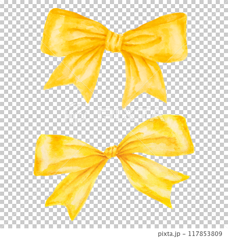 Golden bow-knot. Watercolor hand drawn cut out and isolated clip art. Christmas, gift, holiday element illustration. Painting for party prints, packing, textile, packing paper, fabric, background 117853809