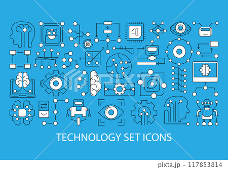 Set of vector illustrations of modern technology made with minimalistic icons of artificial intelligence, machine learning, brain and robot. Outline icons in flat minimalist style for design. 117853814