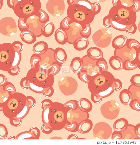 Vector seamless pattern with pastel red honey gummy bears on light pink background 117853945