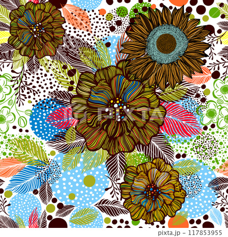 colored graphic flowers seamless pattern. Not AI. Vector illustration. 117853955