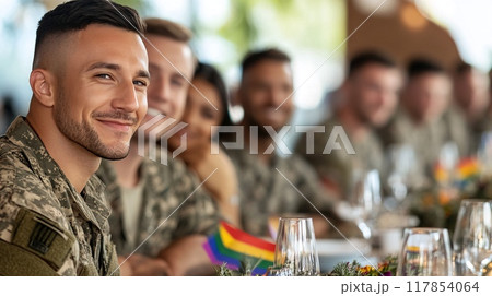 Smiling Military Personnel Celebrating with Friends at a Festive Dinner Event 117854064