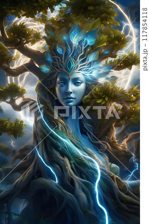 portrait of beautiful   Eyva tree- goddess from Pandora planet. close up. Digital artwork. Ai generated 117854118