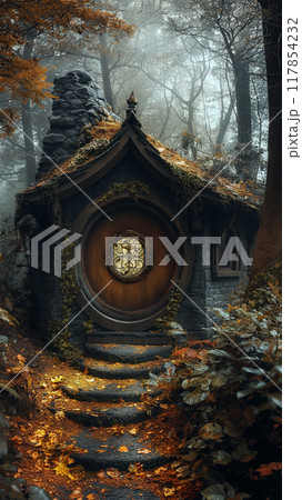 Stone house with a round wooden door with a round window in a dark autumn forest 117854232