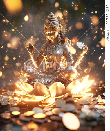 Golden Statue of Lakshmi Surrounded by Coins for Diwali Celebration Golden Statue of Lakshmi Surrounded by Coins for Diwali Celebration 117854286