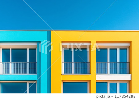 Colorful Modern Apartment Building Facade with Blue Sky and Minimalist Design 117854298