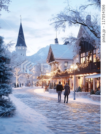 Couple Walking Through Snowy Village Street Decorated with Christmas Lights Couple Walking Through Snowy Village Street Decorated with Christmas Lights 117854366