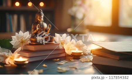 Buddha Statue in Serene Study Room with Books, Flowers, and Candles at Sunset 117854382