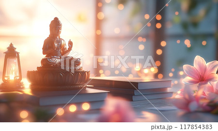 Tranquil Buddha Statue Surrounded by Books and Flowers in Evening Light 117854383