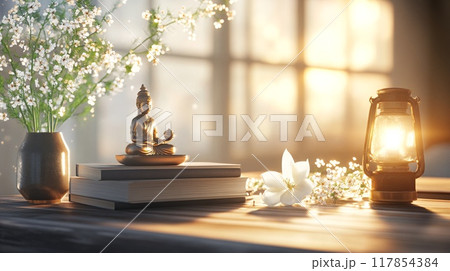 Zen Still Life with Buddha Statue, Flowers, Lantern, and Books at Sunrise 117854384