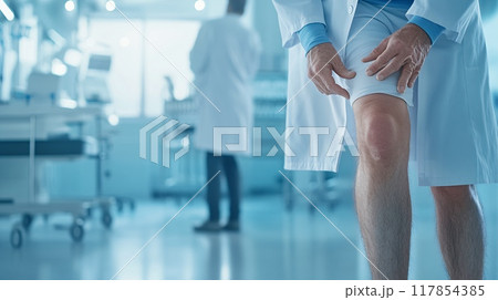 Doctor Examining Knee Injury in Modern Medical Clinic with Medical Staff 117854385