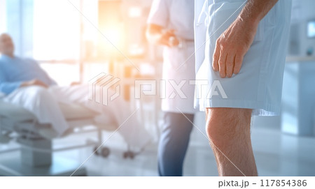 Healthcare professionals assisting elderly patient in hospital room during daytime 117854386