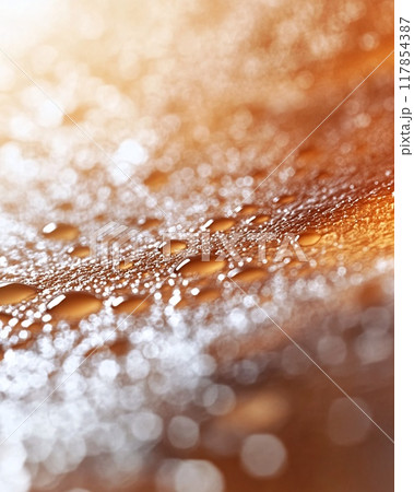 Close-Up of Water Droplets on a Surface with Warm Light Reflections 117854387