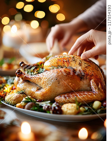 Festive Holiday Celebration Featuring Traditional Roasted Turkey and Hands Serving 117854393