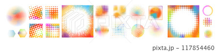 Set of colored halftone dots curved gradient pattern texture isolated on white background. Not AI, Curve dotted spots using halftone circle dot texture collection. Vector blot half tone collection. 117854460