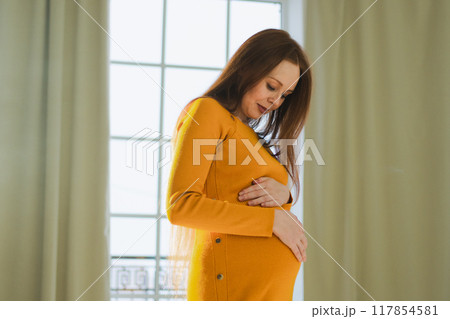 Pregnancy motherhood people expectation future. Pregnant woman with big belly standing near window at home. Girl hugging her tummy enjoying pregnancy. Maternity tenderness parenthood new life concept Pregnancy motherhood people expectation future. Pregnant woman with big belly standing near window at home. Girl hugging her tummy enjoying pregnancy. Maternity tenderness parenthood new life concept 117854581