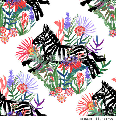 Seamless pattern with gouache painted zebra and tropical flowers for textile Seamless pattern with gouache painted zebra and tropical flowers for textile 117854799