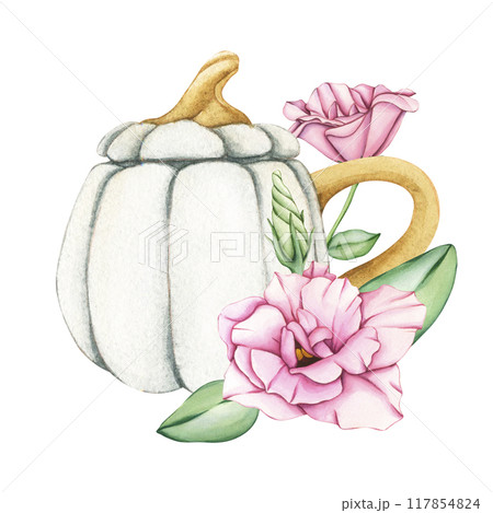 Watercolor white Mug in the shape of a pumpkin. Cup pumpkin kitchenware from the Autumn collection. Handmade illustration for invitations and cards for harvest festival or thanksgiving 117854824