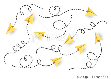 Vector Realistic Paper Planes Collection. Paper Plane Icon Set. Heart Shaped Flying Paper Plane with Dotted Air Route. Yellow Paper Planes with Dotted Route Line 117855343