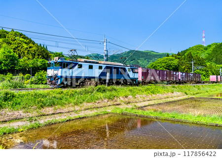 伯備線 新緑の水田を走る貨物列車(根雨-黒坂) 伯備線 新緑の水田を走る貨物列車(根雨-黒坂) 117856422