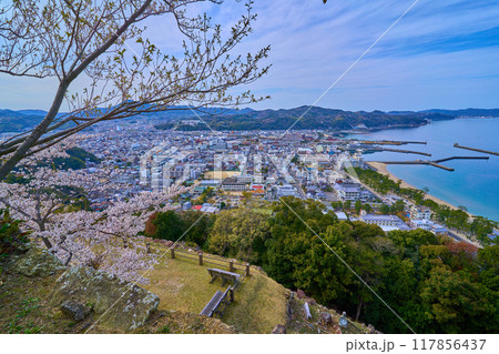 春の兵庫県洲本市の洲本城跡の展望台から桜と共に北側を見る 春の兵庫県洲本市の洲本城跡の展望台から桜と共に北側を見る 117856437