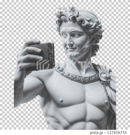 Contemporary conceptual art poster featuring a statue and a hand holding a smartphone, in surrealism style. Contemporary conceptual art poster featuring a statue and a hand holding a smartphone, in surrealism style. 117856735