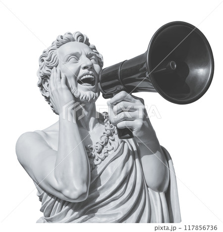 Plaster statue of a head and open mouth of a man with a megaphone. Concept of orators, heralds, propagandists and agitators 117856736
