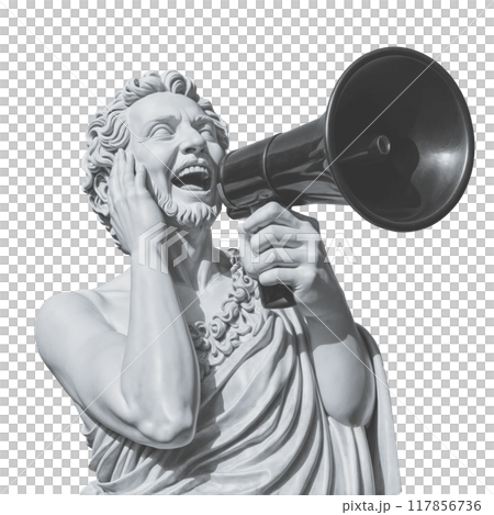 Plaster statue of a head and open mouth of a man with a megaphone. Concept of orators, heralds, propagandists and agitators 117856736