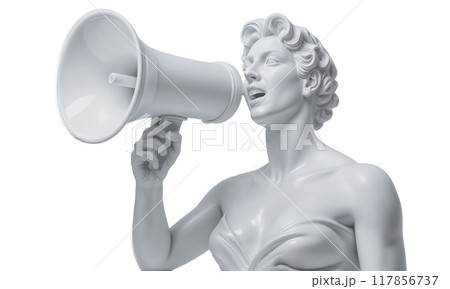 Screaming into a megaphone. Statue head and human hands isolated on transparent background. 117856737