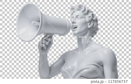 Screaming into a megaphone. Statue head and human hands isolated on transparent background. 117856737