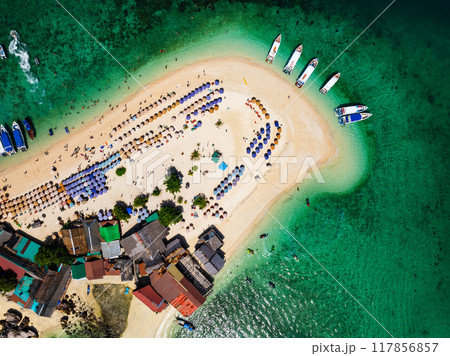 Aerial view drone shot of Amazing small island beautiful tropical sandy beach landscape view at koh Khai maew Island in Phang Nga Thailand,Amazing small island 117856857