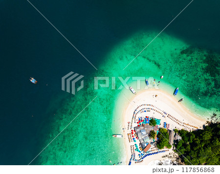 Aerial view drone shot of Amazing small island beautiful tropical sandy beach landscape view at koh Khai maew Island in Phang Nga Thailand,Amazing small island 117856868