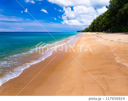 Beautiful sea summer landscape, Waves sea water surface High quality video Bird's eye view, Drone top view waves crashing on sand beach,Nature ocean sea beach background 117856924