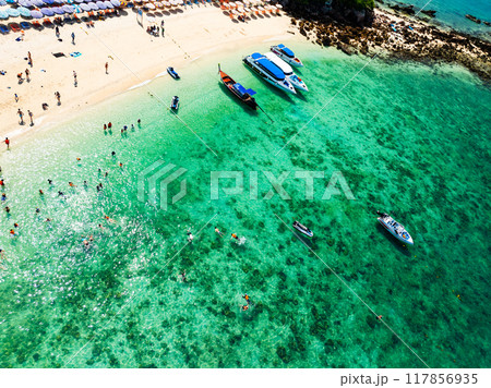 Aerial view drone shot of Amazing small island beautiful tropical sandy beach landscape view at koh Khai maew Island in Phang Nga Thailand,Amazing small island 117856935
