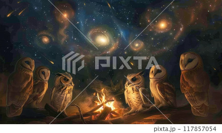 A group of owls, each representing a different species, gathered around a campfire beneath a sky filled  117857054