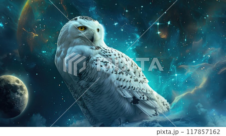 Snowy Owl with piercing yellow eyes, its white feathers blending into a swirling galaxy of stars 117857162