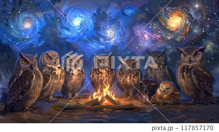 A group of owls, each representing a different species, gathered around a campfire beneath a sky filled  117857170