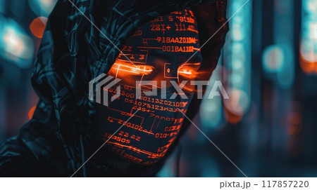 A hacker wearing a digital mask, with glowing lines of code projected onto their face,  A hacker wearing a digital mask, with glowing lines of code projected onto their face,  117857220